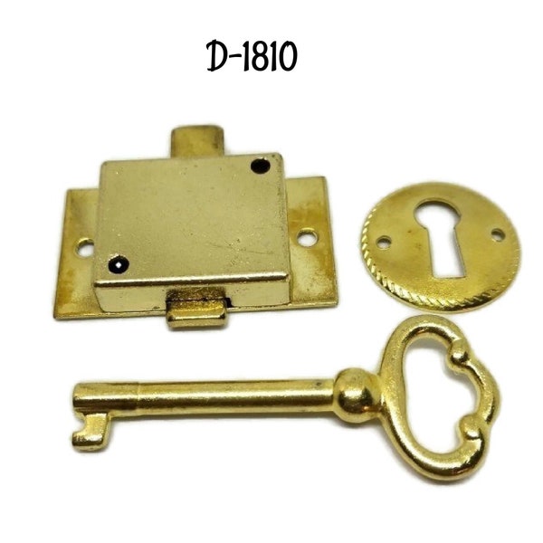 Lock - Economy Brass Plated Steel Flush Mount Cupboard Lock set - Brass Plated Antique Style Furniture Lock key and keyhole cover