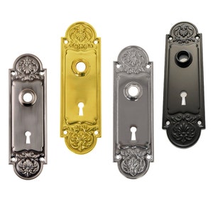 Brass Refined door trim escutcheon stamped plate with hub and keyhole for antique doors - Graceful design -Use with antique door knobs