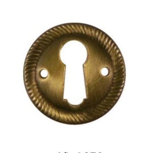 Key Hole Cover - Antiqued Stamped Brass Round Keyhole Cover with Rope Edging