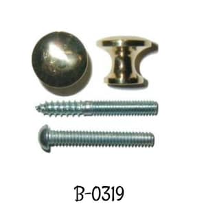 May include: A set of two gold-toned cabinet knobs with a round and a mushroom-shaped design. The set includes two screws for installation. The product code is B-0319.
