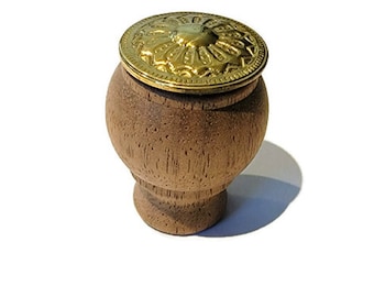 Wood Knob - Walnut un-finished Wood EASTLAKE STYLE KNOB with Stamped Polished Brass Overlay