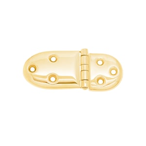 May include: A gold-toned, oval-shaped hinge with five holes on each side. The hinge is closed and ready to be attached to a door or cabinet.