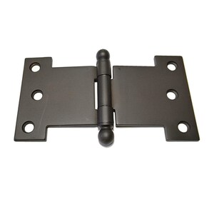 May include: Black metal door hinge with rounded ends and four screw holes on each side.