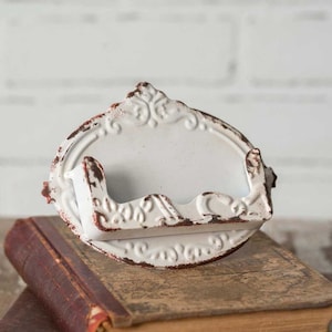 Embossed Distressed Metal Business Card Holder Farmhouse Cream White Pocket Vintage Style