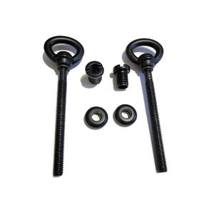 May include: Two black metal eyelet screws with a black plastic ring at the top. The screws are approximately 7.5 cm long and have a threaded shaft. There are also two black plastic washers included.