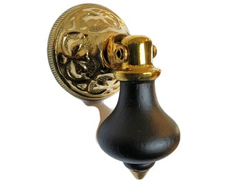 Drawer Pull - Eastlake Victorian Style Stamped Brass Single Post Pull with Black Wood Teardrop