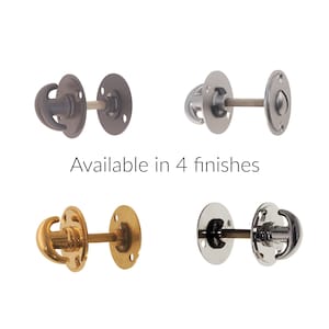 May include: Four door knob designs in different finishes are displayed against a white background. The knobs include bronze, silver, gold, and chrome options. The text "Available in 4 finishes" is below the knobs.