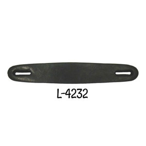 May include: Black leather handle with two holes for attaching to a bag or other item. The handle is labelled "L-4232".