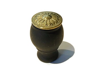 Wood Knob - Black Wood EASTLAKE STYLE KNOB with Stamped Polished Brass Overlay