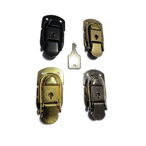 May include: Four metal clasps with keys. Two clasps are gold, one is silver, and one is black.