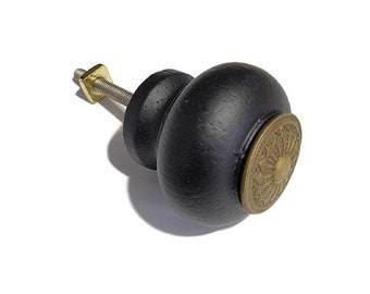 Wood Knob - Black Finished Wood EASTLAKE STYLE KNOB with Stamped Antiqued Brass Overlay