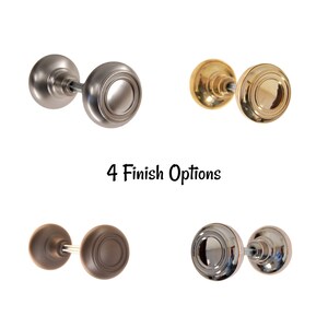 May include: Four door knob options in different finishes: satin nickel, polished brass, oil rubbed bronze, and polished chrome.