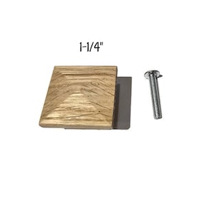 May include: A 1-1/4 inch square wooden cabinet knob with a wood grain finish and a silver screw.