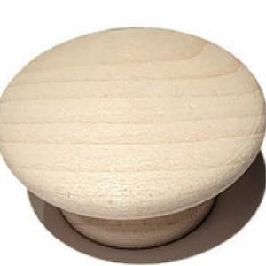 May include: A light-colored, wooden cabinet knob with a rounded top and a short, cylindrical base. The knob is made of unfinished wood, showing the natural grain. The knob is designed for use on drawers or cabinets.