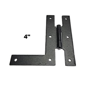 May include: Black metal 4-inch L-shaped hinge with multiple holes for screws. The hinge is designed for attaching two surfaces at a 90-degree angle.