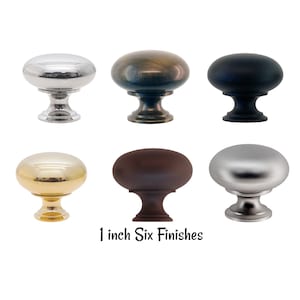 May include: Six 1-inch round cabinet knobs in different finishes: polished nickel, oil rubbed bronze, black, polished brass, oil rubbed bronze, and satin nickel.