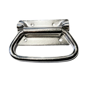 May include: A silver metal handle with a rectangular base and a rounded, D-shaped loop. The handle has four small holes on the base and two on the loop.