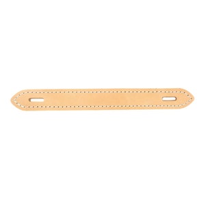 May include: A light brown leather handle with two stitched holes. The handle is stitched along the edges with white thread.
