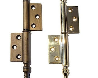 Flag hinge with steeple tips for armoires, wardrobes, clock case and cabinet doors. Swaged. Comes in Three Finishes
