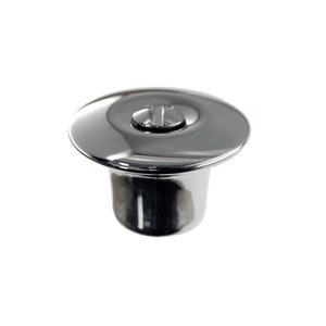 May include: A chrome-plated drain stopper with a round, slightly concave top and a cylindrical base. The stopper has a small screw in the center of the top.