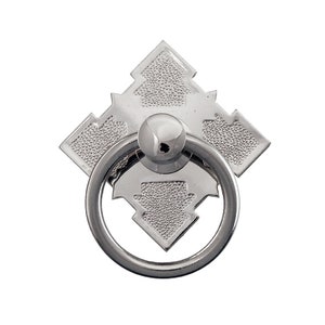 May include: A silver ring pull with a decorative square backplate. The backplate has a geometric design with a textured surface.
