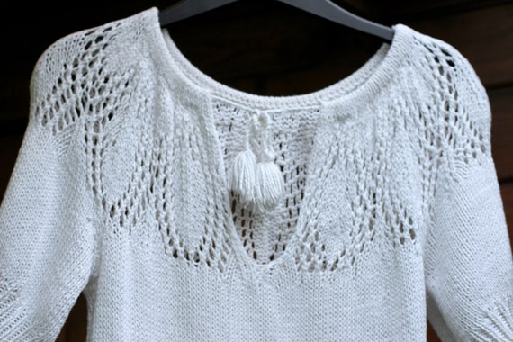 White Crochet Blouse. Ladies Hand Knitted Top Size XS S. Retro