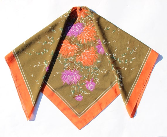 Olive Color Scarf - Floral Ornament - Orange Orchi