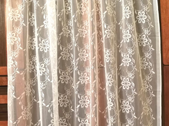 Soviet Vintage Lace Curtain With Flowers White Floral Etsy