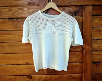 Vintage White Knitted Top. Short Sleeve Crop Knit Top For Women. 80's/ 90's Open Knit Top. Retro Wedding Summer Blouse. Loose Crochet Shirt.