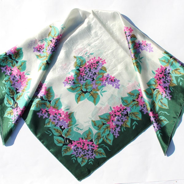 Châle rétro soviétique vintage : écharpe blanche avec fleurs roses vertes/ châle de printemps babushka/ foulard en soie artificielle/ objet de collection