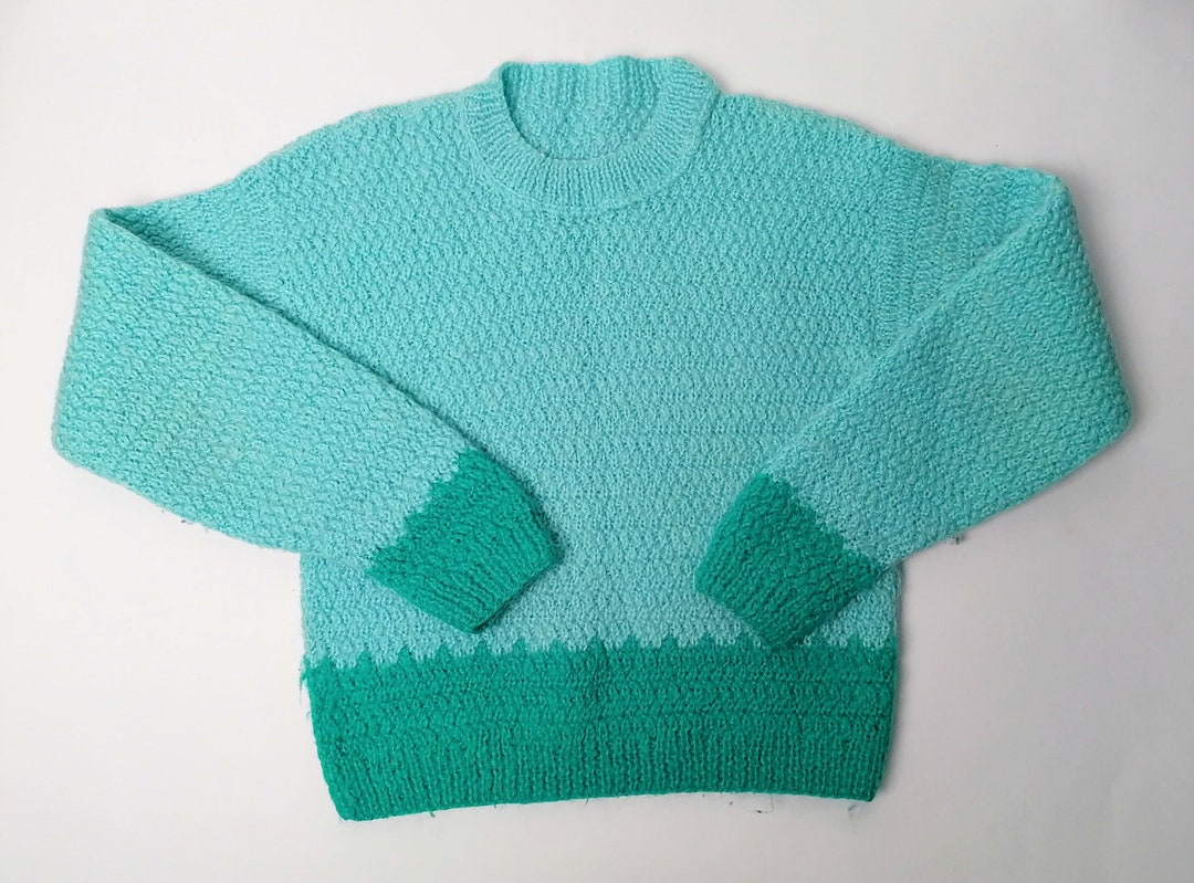 Turquoise Hand Knitted Sweater Woolen Knit Pullover Warm Etsy