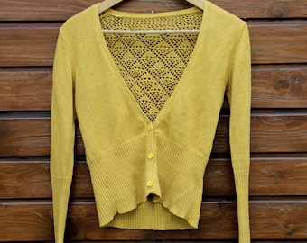 Dark Yellow Retro Ladies Knitted Cardigan, Sunny Ochre Lace Sweater, Cotton and Ramie Etno Knit Sweatshirt Blouse, Slim Jacket, Autumn Wear