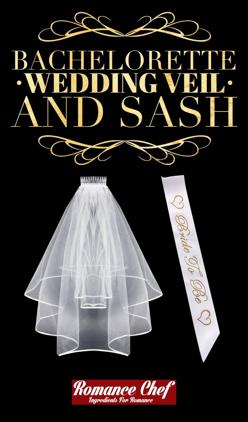 Bachelorette Party Wedding Veil and White & Gold Bride To Be Sash, Also Perfect for Bridal Showers or as a Bridal Veil for Your Wedding 