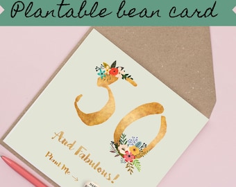 Handmade 50th Birthday card, 50th Birthday gift for her, 50th Birthday card mum, plantable Bean card, 50th card, 50th Birthday, gold foil,
