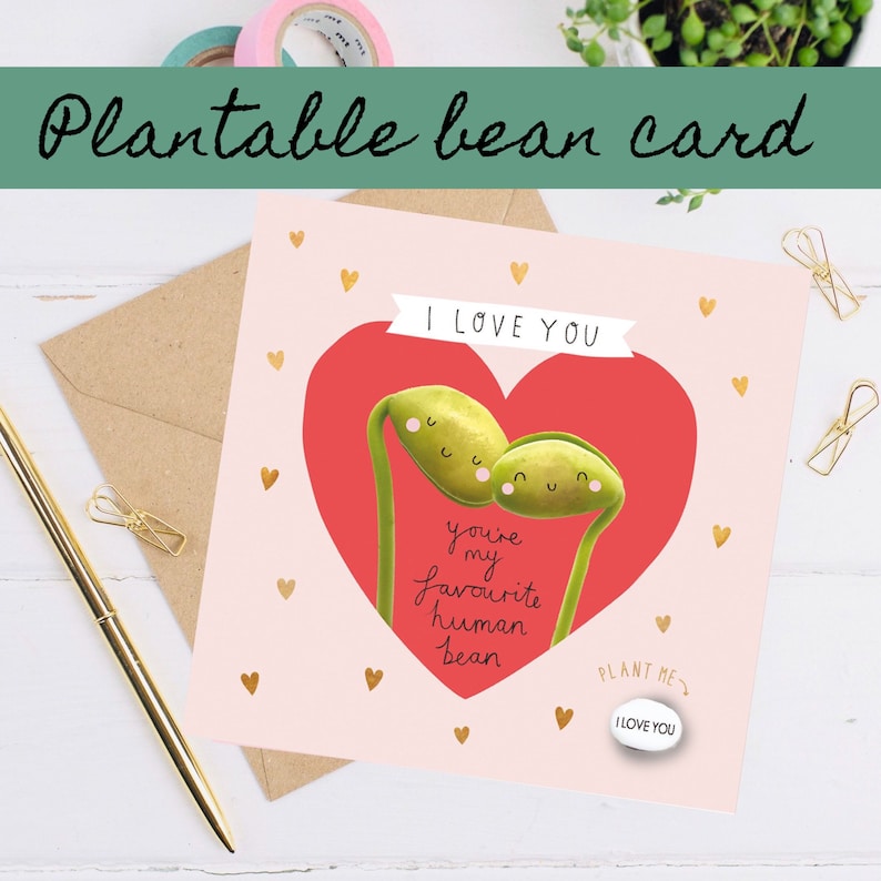 Valentines card with Plantable Bean, Valentine gift for him, husband, boyfriend, girlfriend, wife, handmade greetings card, I love you image 1