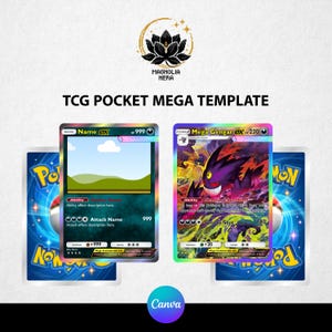Può includere: Un design di modello TCG Pocket Mega con due mockup di carte collezionabili. Una carta ha un'immagine di paesaggio vuota, l'altra presenta un personaggio Mega Gengar viola. Lo sfondo include due dorsi di carte blu e il logo Magnolia Nera.
