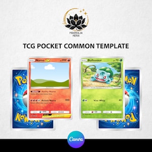 Pode incluir: Duas cartas de jogo de cartas colecionáveis (TCG), uma laranja e outra verde, com uma carta azul de cada lado. A carta laranja tem uma imagem de paisagem em branco, e a carta verde apresenta uma ilustração de Bulbasaur. O texto inclui "TCG POCKET COMMON TEMPLATE".