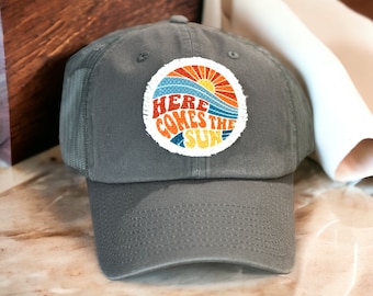 Here Comes the Sun - Frayed Patch - Dark Gray - Non distressed Mesh Baseball Hat - Unisex Baseball Hat - Handmade Patch Hat - Raggy Patch
