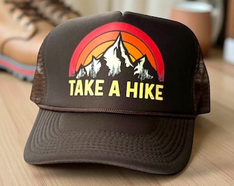 Hiking Trucker Hat: Brown Mountain Sunset Design, Take a Hike, Sassy Hat