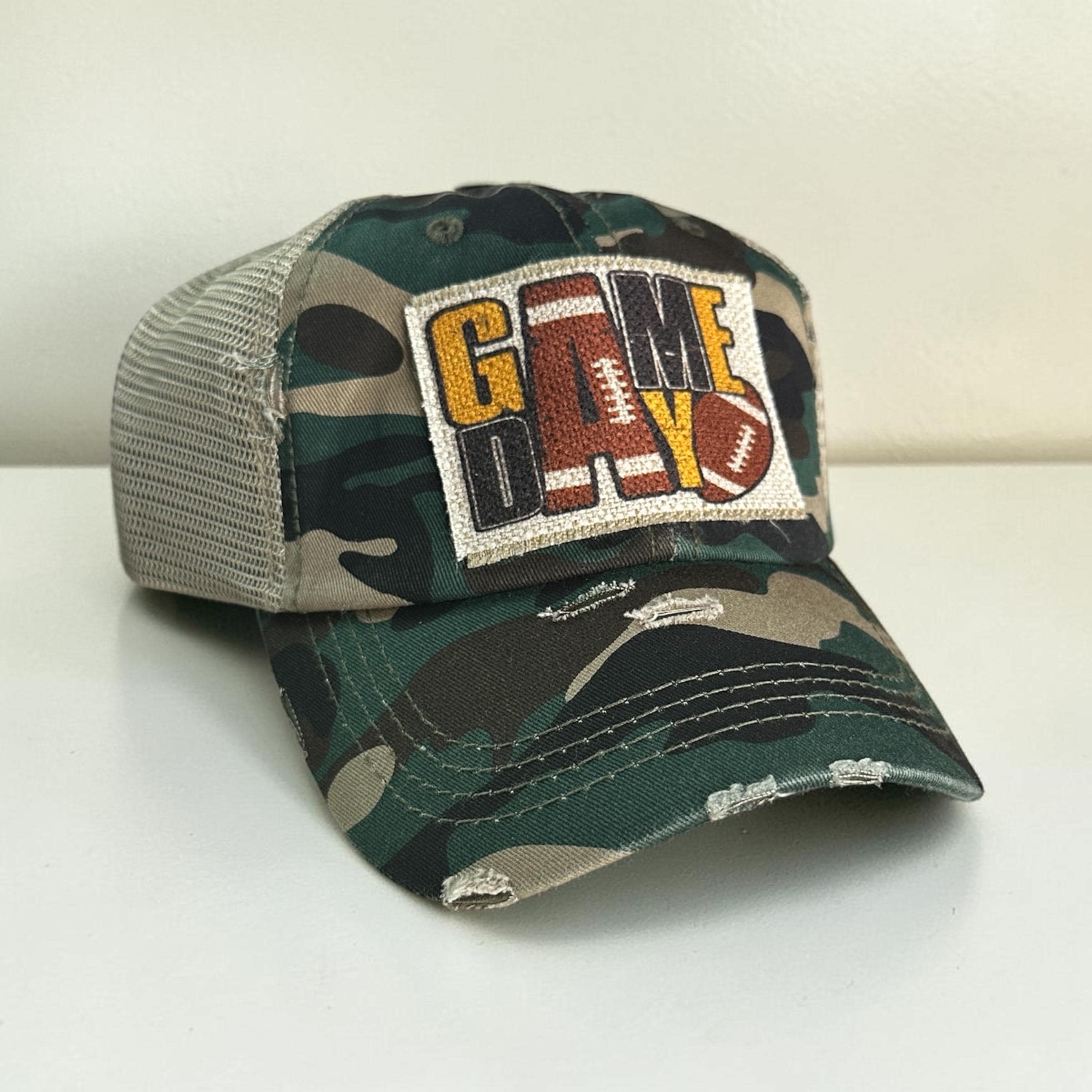 Football Season High Ponytail Mesh Cap: Gold and Black Patch Custom…