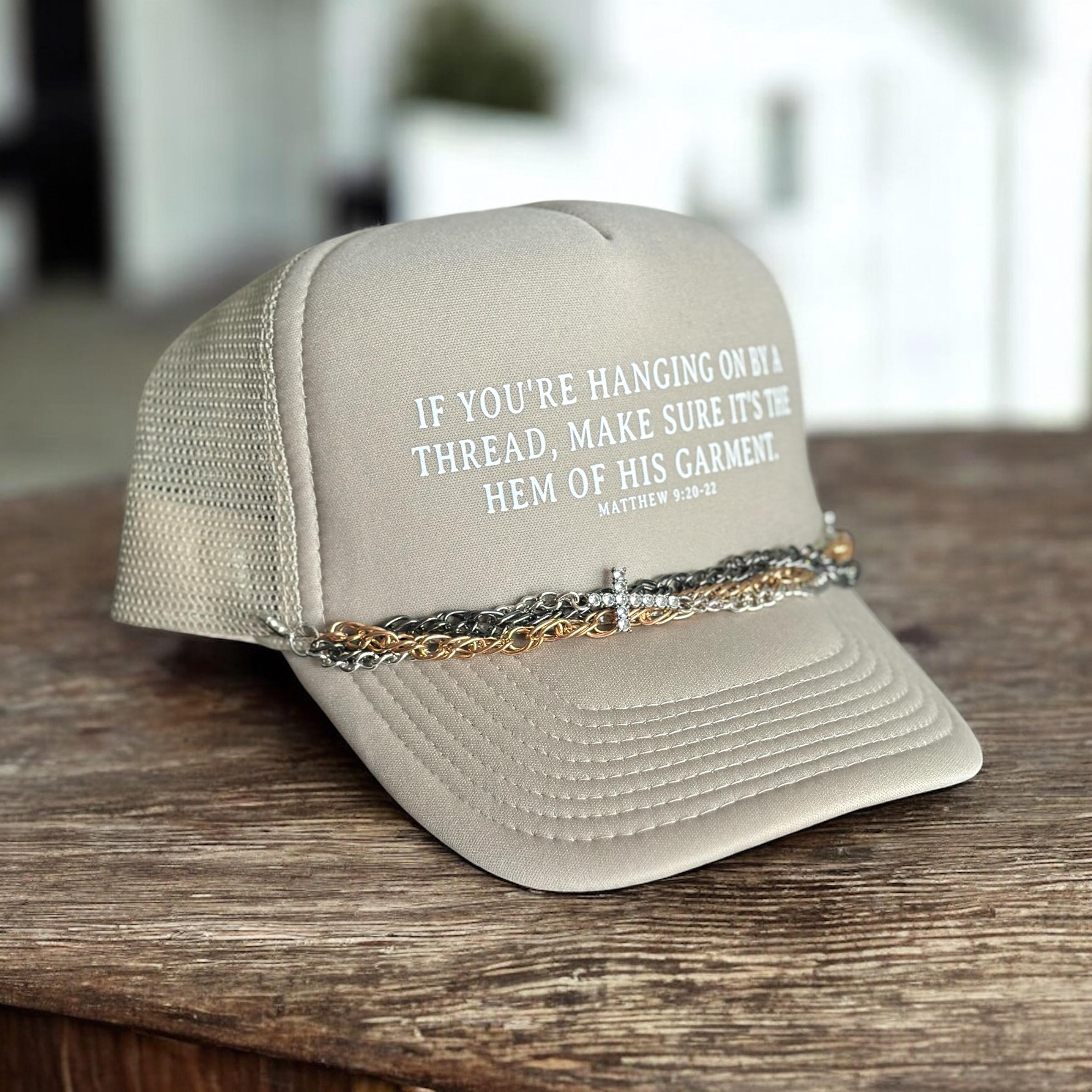 Tan Trucker Hat, Hem of His Garment, Hat Chain, Matthew 9:20-22 Christian Hat