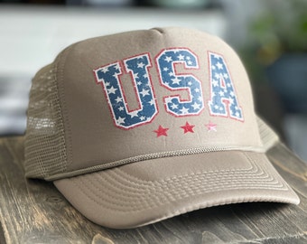 Tan USA Trucker Hat: Patriotic Stars & Stripes, High Profile