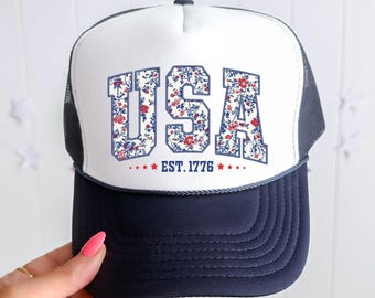 USA Americana Navy Trucker Hat, Faux Embroidery, Floral Print, Fourth of July, Independence Day