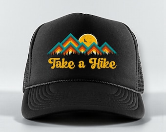 Black Trucker Hat: Take a Hike Print, High Profile Rope Cap