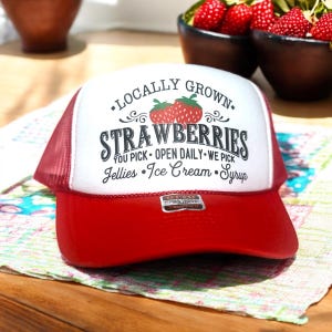 Retro Strawberry Trucker Hat, Vintage Strawberry Festival Hat, Summer Berry Cap, Red Trucker Hat, Locally Grown Hat