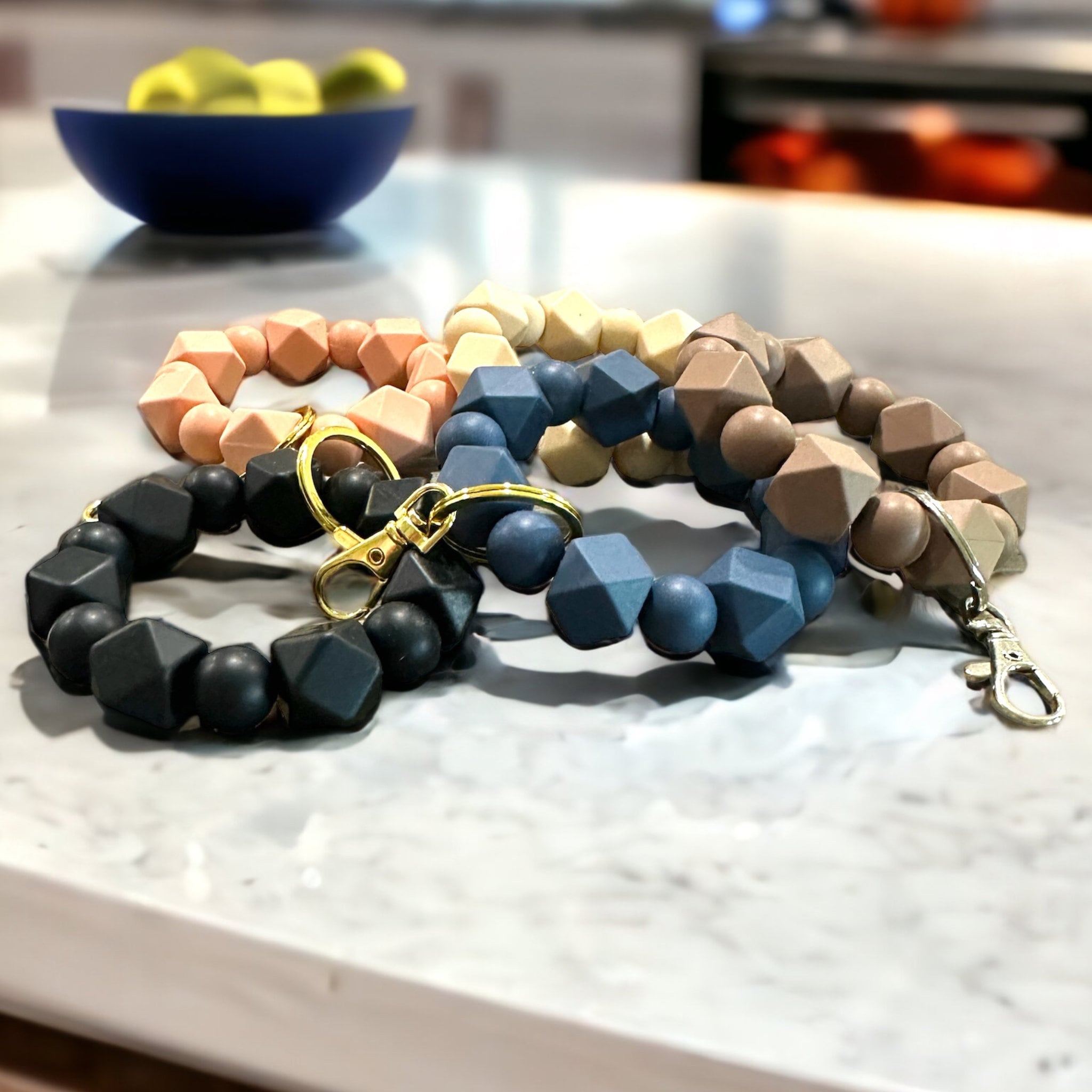 Silicone Bead Wristlet Keychain: Wood Accent, Gold/Silver Hardware