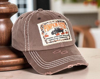 Gorra de camionero vintage con parche de calabaza: gorra de béisbol desgastada de otoño
