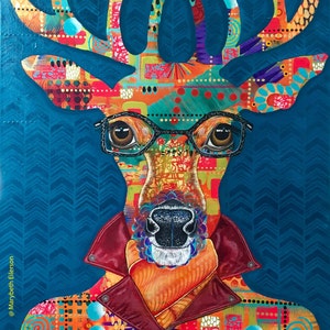 May include: A colourful, abstract painting of a deer wearing glasses and a red leather jacket. The deer's antlers are also made of colourful abstract patterns. The background is a teal blue with a chevron pattern.