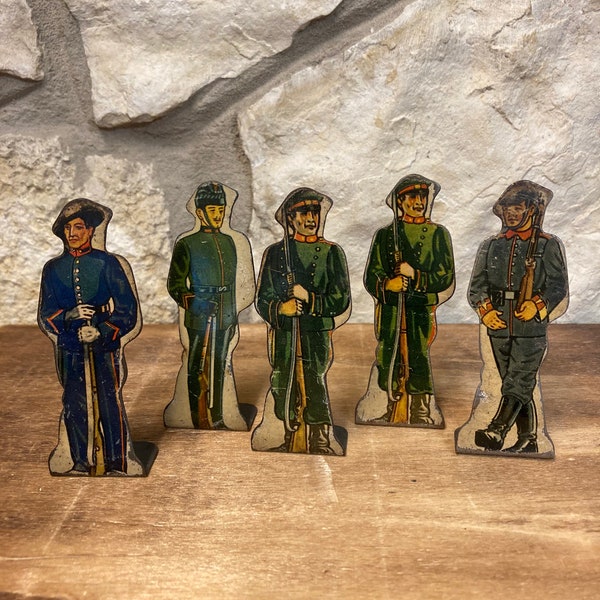 Vintage Set of 5 Marx Soldier of Fortune Tin Litho Soldiers, 1930s Target Game Pieces, Russian Infantry, Italian Soldier, Royal Rifle Corp