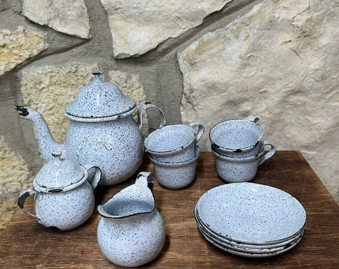 Antique European Child Doll Enamelware Tea Set, 11 Piece Toy Blue White